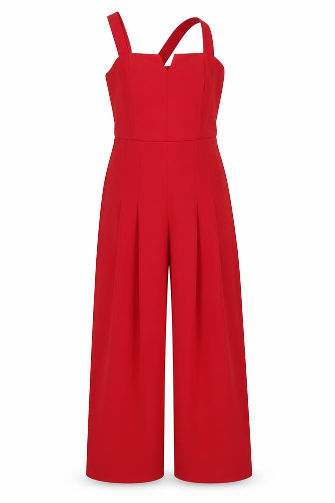 Front view of Friends Like These Women's Red Wide-Leg Jumpsuit, size 8