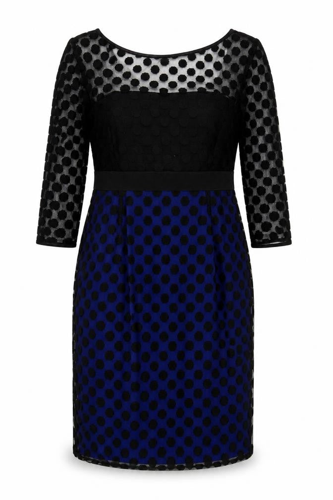 Front view of Untold Women's Black Blue Polka Dot Long Sleeve Dress