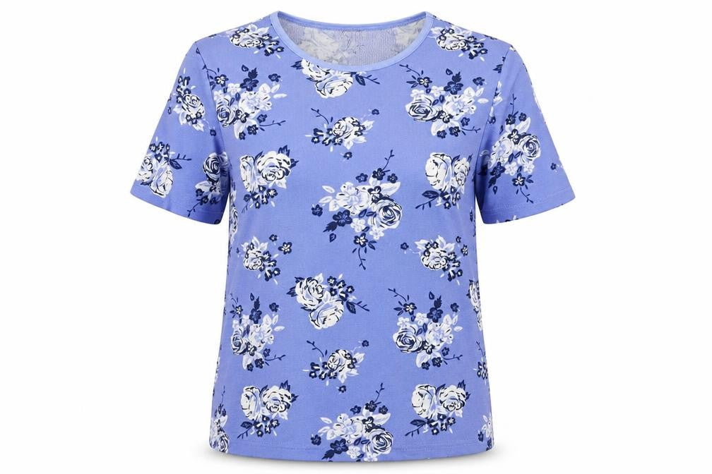 Front view of Honor Millburn Women's Blue Floral T-Shirt, size M