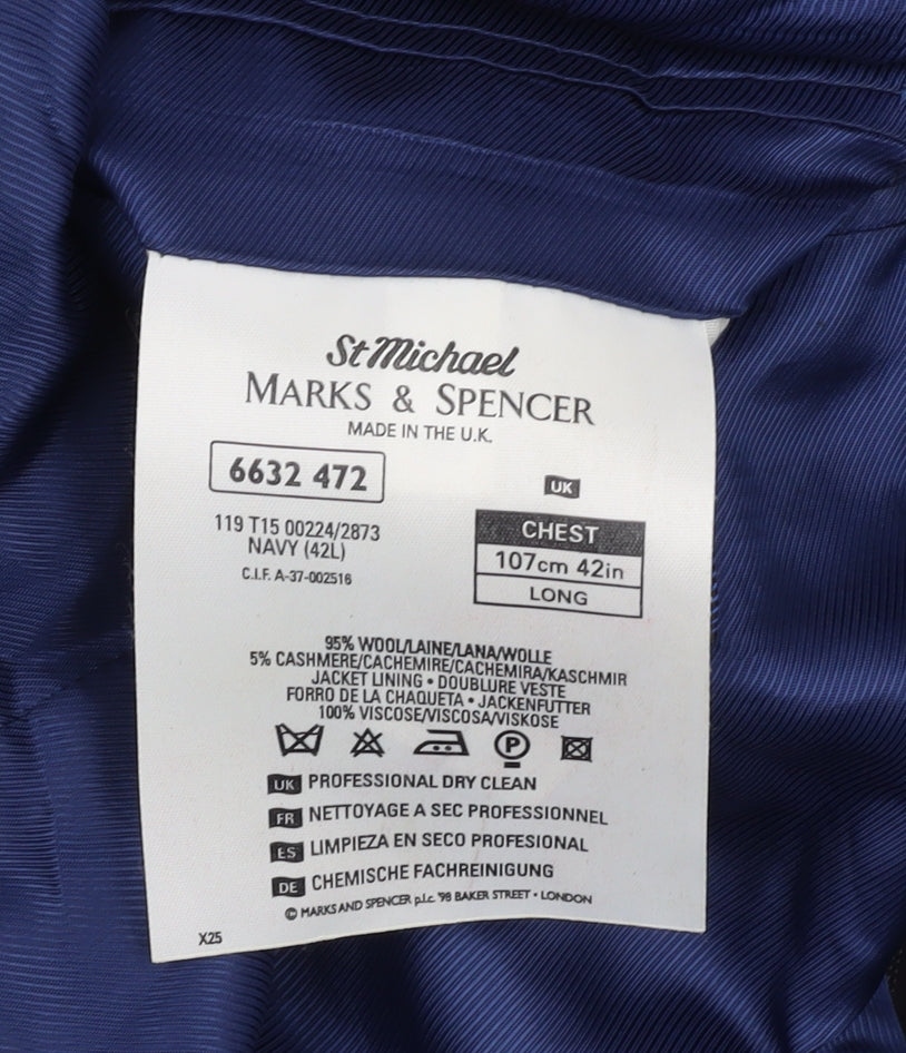 Marks and Spencer Men's Navy Blazer, 42L, Striped Wool Blend