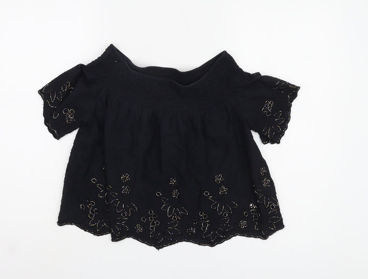 Topshop Women's Black Off Shoulder Embroidered Blouse