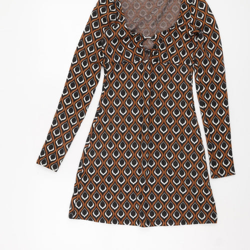 Bershka Women's Brown Geometric A-Line Dress S