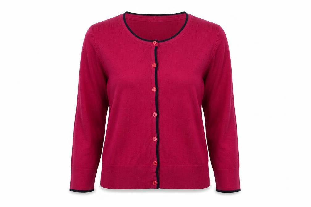 Front view of Country Casuals Women's Red Cardigan S Crew Neck Long Sleeve