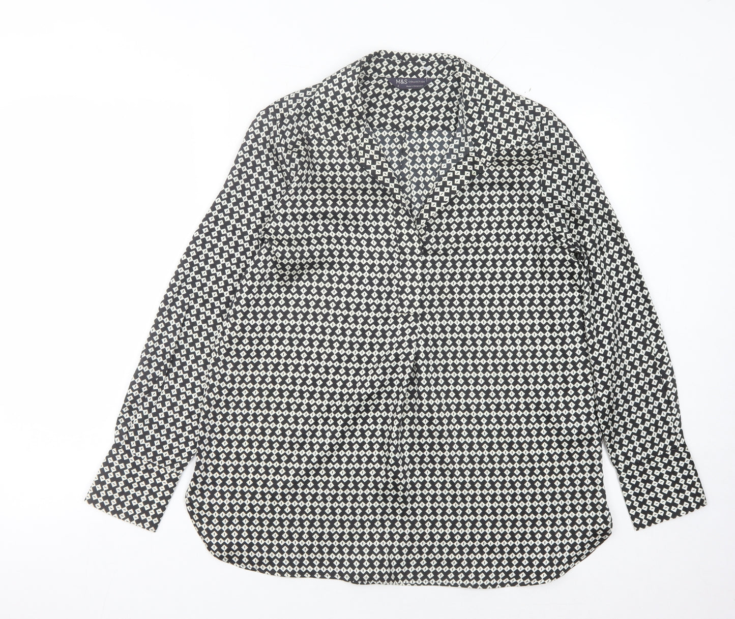 Marks and Spencer Women's Black Geometric Button-Up Shirt Size 8