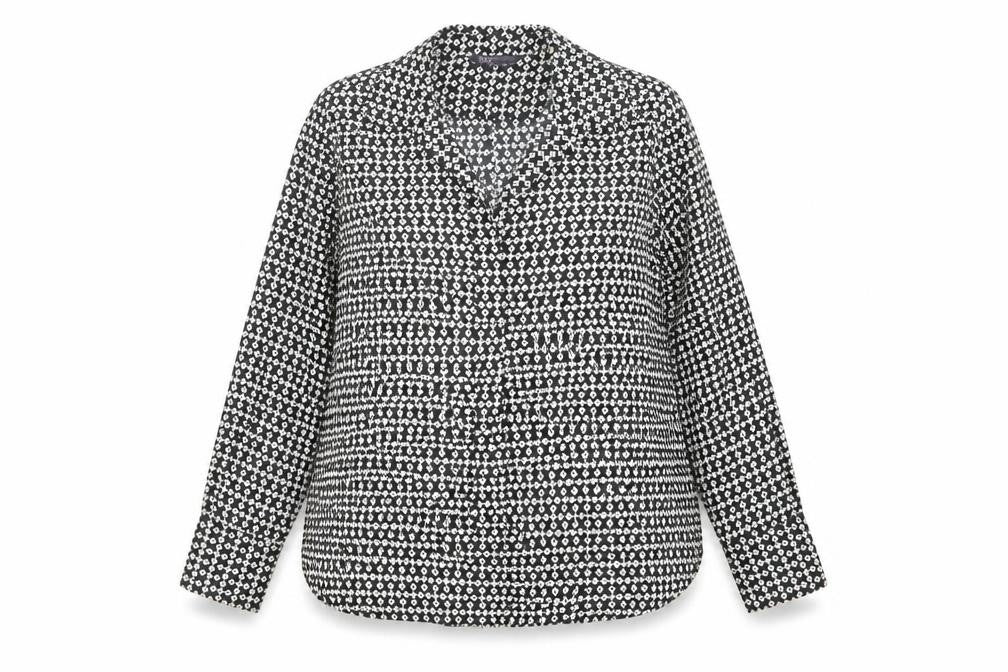 Front view of Marks & Spencer Women's Black Geometric Button-Up Shirt, size 8