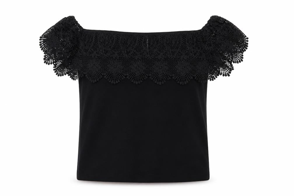 Front view of Lipsy Black Off-the-Shoulder Lace Women's Blouse, size 16
