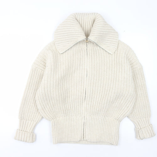 Zara Women's Ivory Full Zip Collared Jumper L