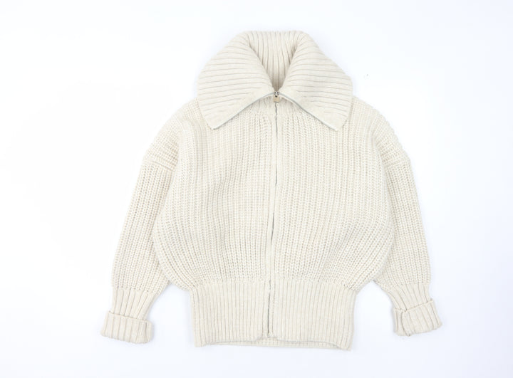 Zara Women's Ivory Full Zip Collared Jumper L
