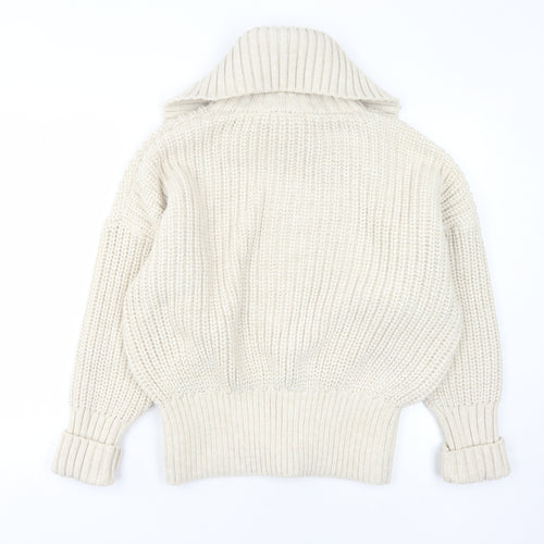 Zara Women's Ivory Full Zip Collared Jumper L