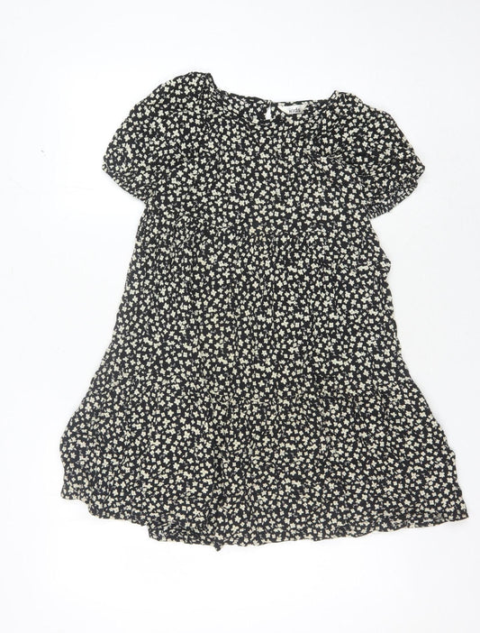 M&Co Girls Black Floral Dress, 7-8 Years, Short Puff Sleeve