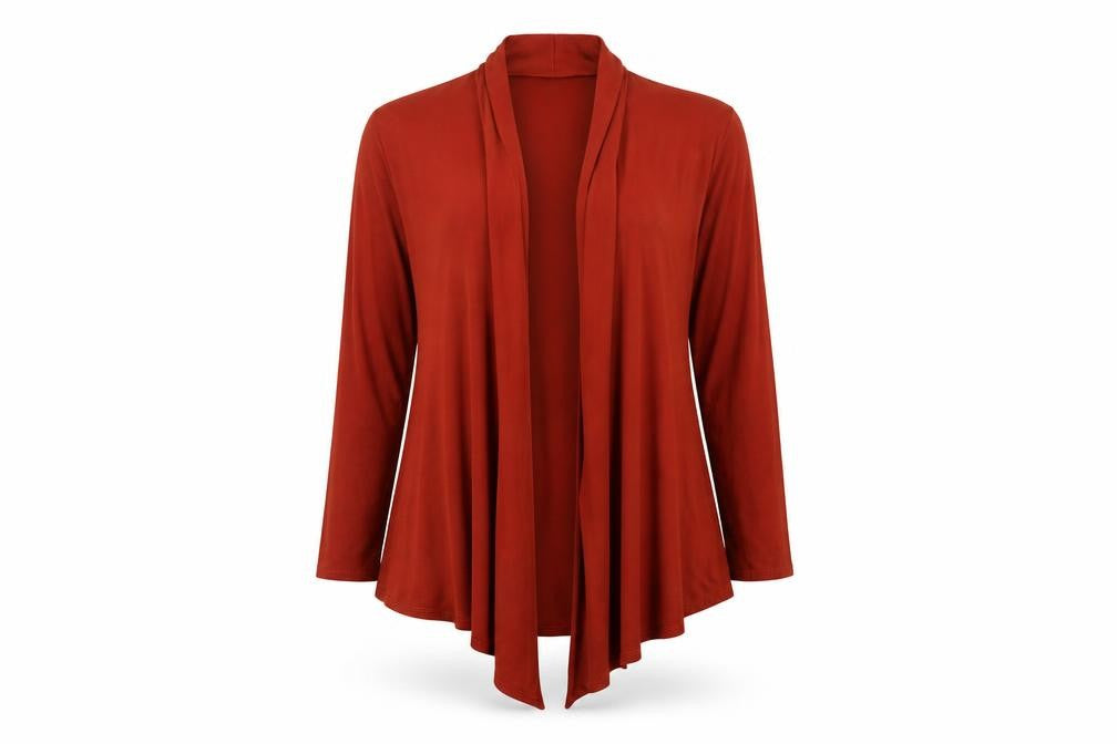 Front view of Saloos Women's Red Open Front Cardigan, M, Long Sleeve, Viscose Blend