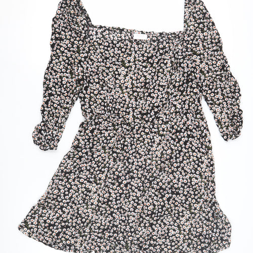 VILA Women's Black Floral A-Line Dress Size 14 Puff Sleeve