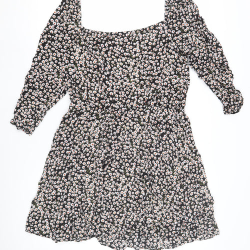 VILA Women's Black Floral A-Line Dress Size 14 Puff Sleeve