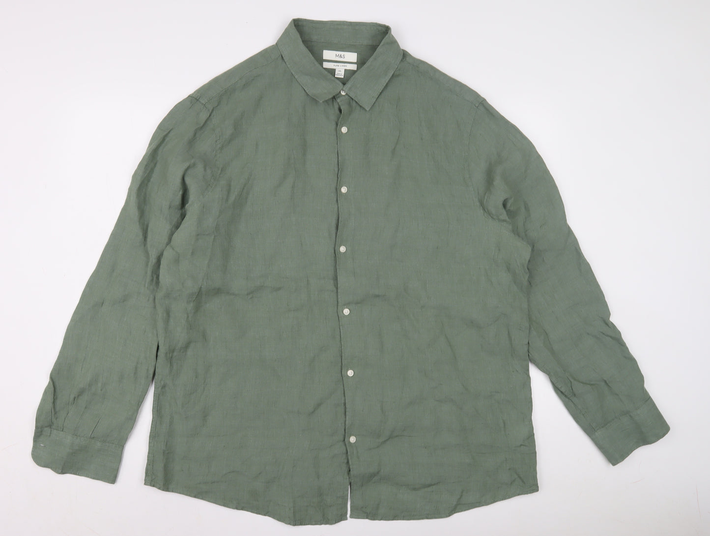 Marks and Spencer Men's Green Linen Shirt 2XL Regular