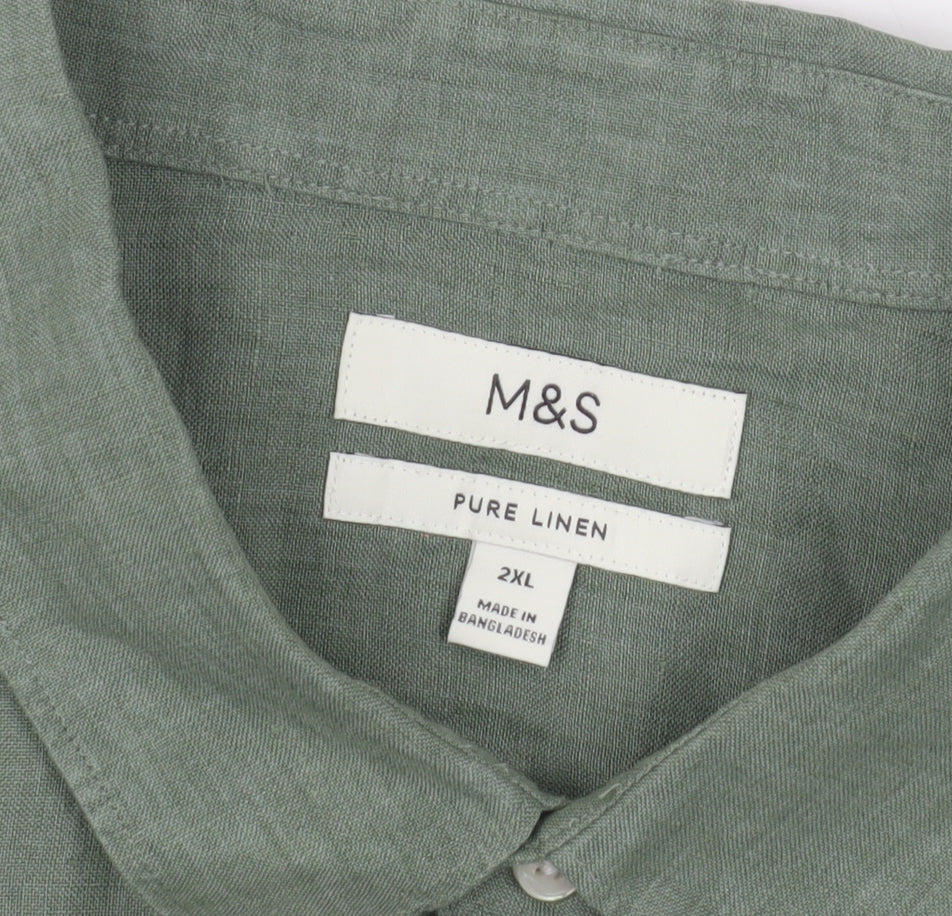 Marks and Spencer Men's Green Linen Shirt 2XL Regular