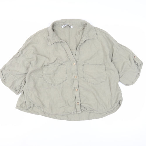 Zara Women's Green Linen Button-Up Shirt, Size L