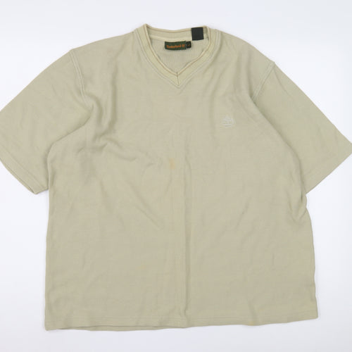 Timberland Men's Beige V-Neck T-Shirt, Large, Cotton, Logo