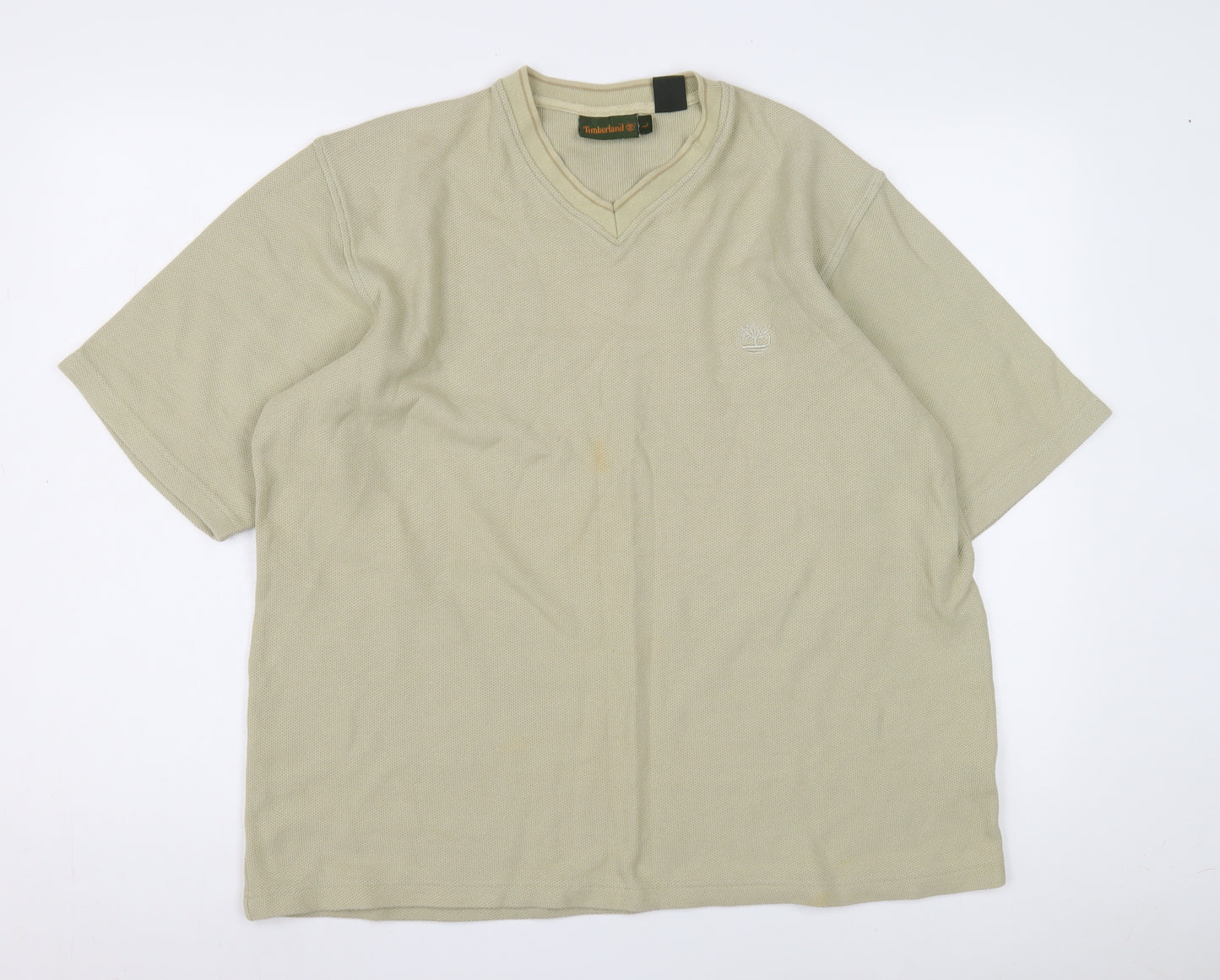 Timberland Men's Beige V-Neck T-Shirt, Large, Cotton, Logo
