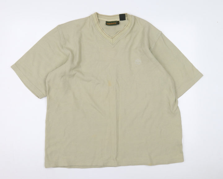 Timberland Men's Beige V-Neck T-Shirt, Large, Cotton, Logo