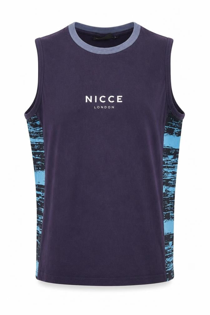Front view of NICCE Men's Blue Sleeveless T-Shirt - Small, Logo Accent