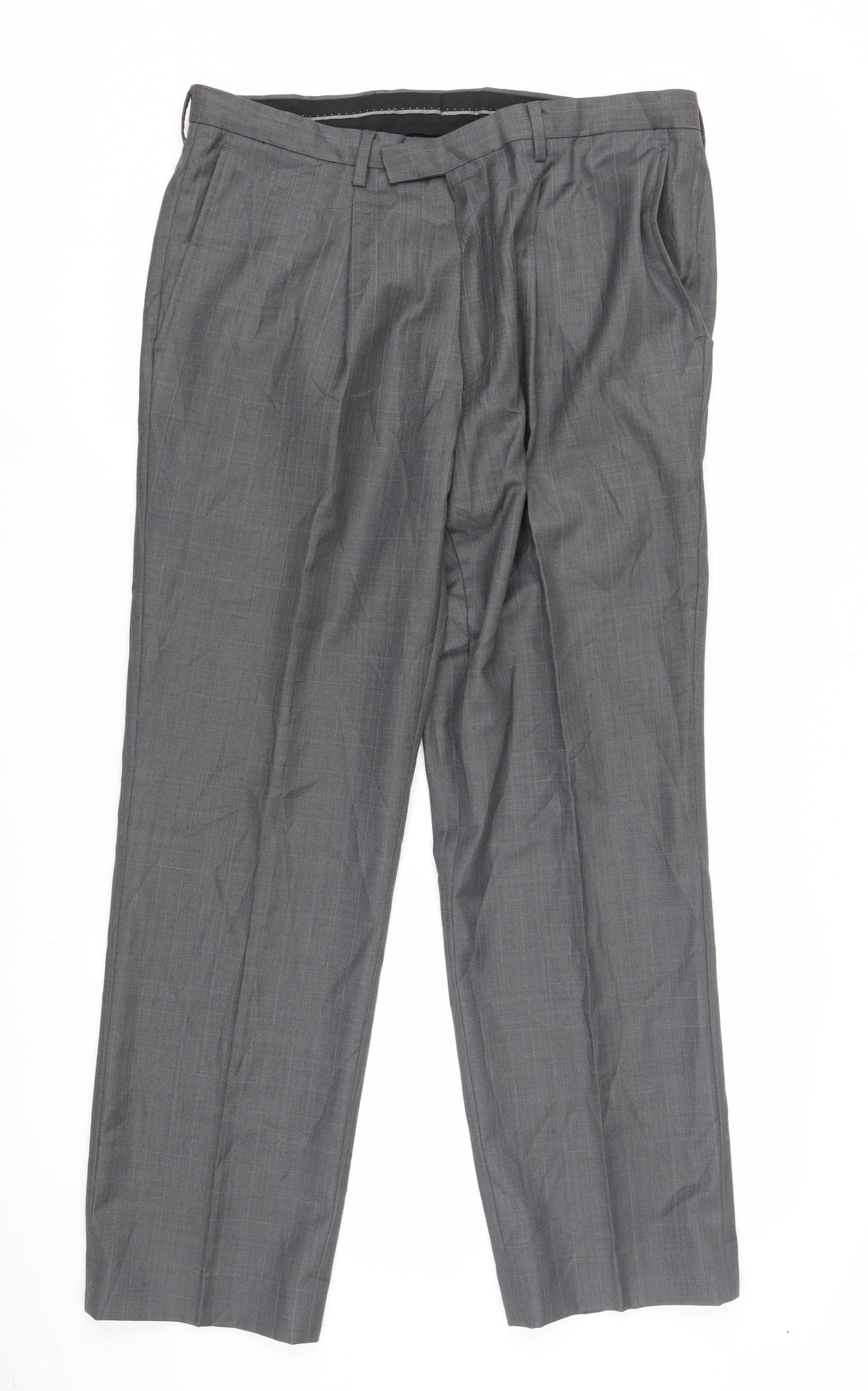 Next Men's Grey Dress Pants 34S Pleated Check Formal