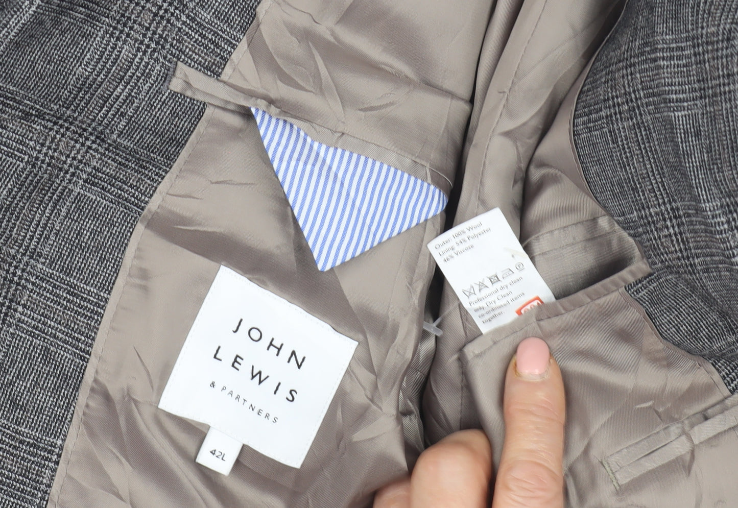 John Lewis Grey Check Wool Men's Blazer 42 Long