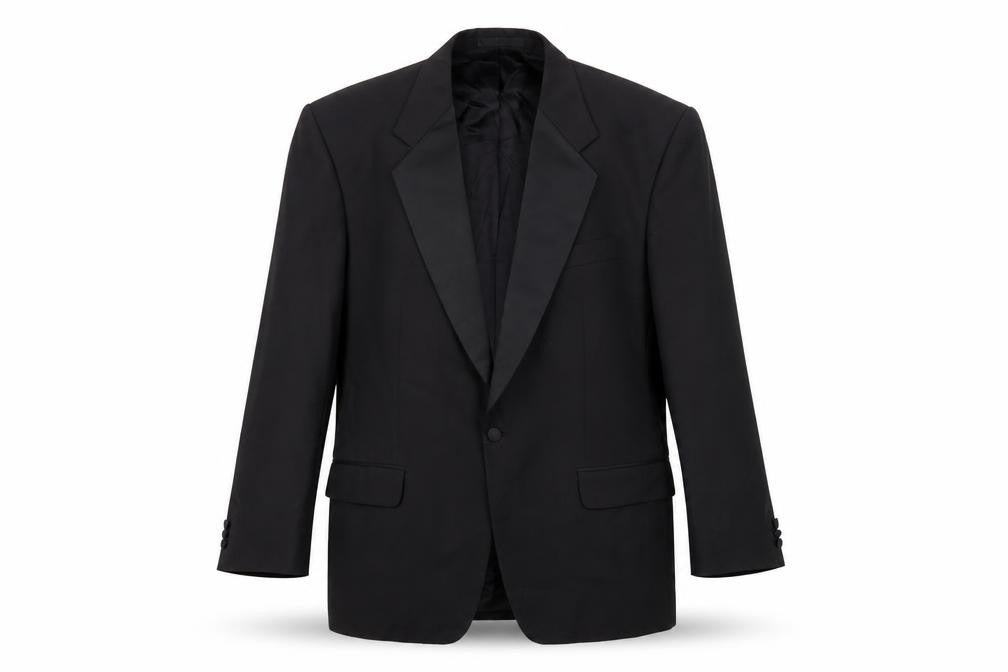 Front view of HR Tailoring Men's Black Blazer 44 Shawl Lapel Formal