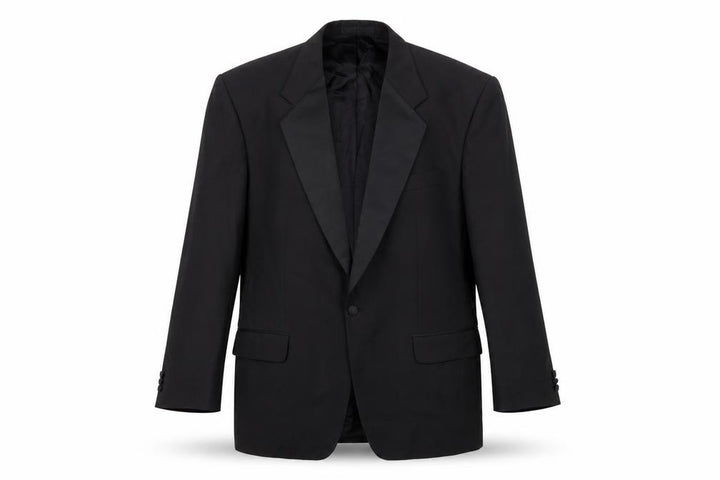 Front view of HR Tailoring Men's Black Blazer 44 Shawl Lapel Formal