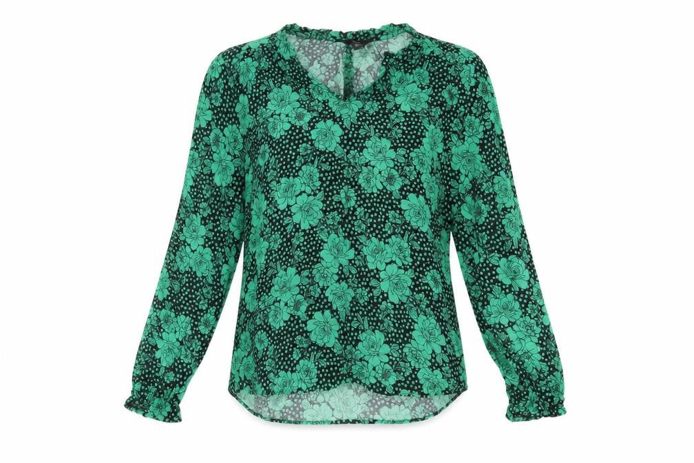 Front view of M&Co Women's Green Floral V-Neck Blouse, size 14