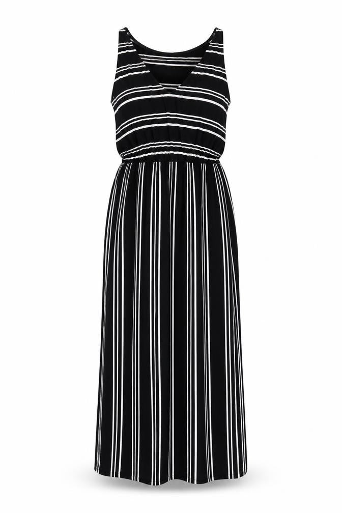 Front view of Warehouse Women's Black Striped Tank Dress, size 10