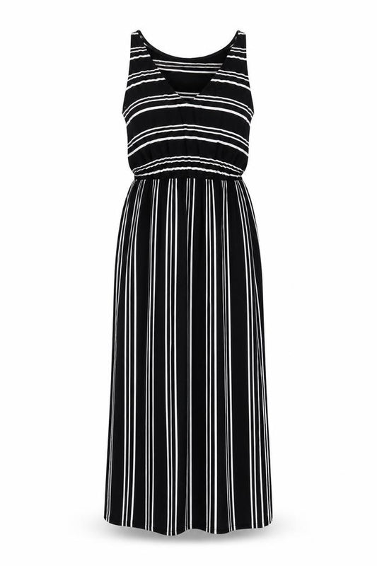Front view of Warehouse Women's Black Striped Tank Dress, size 10