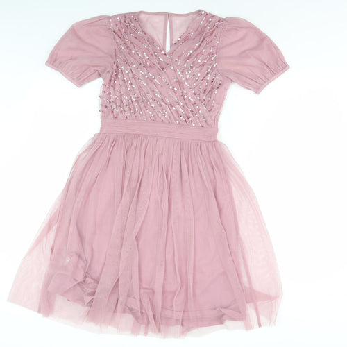 Lipsy Pink A-Line Girls Party Dress, Size 11 Years, Sequined V-Neck