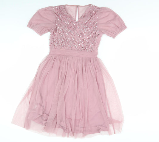 Lipsy Pink A-Line Girls Party Dress, Size 11 Years, Sequined V-Neck