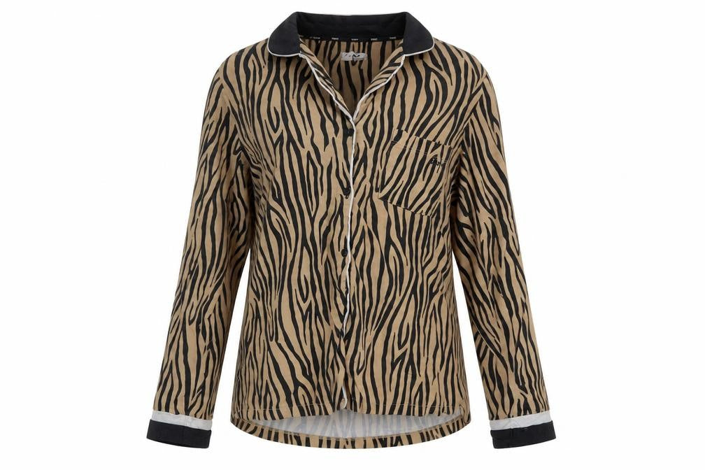 Front view of DKNY Women's Animal Print Nightshirt, Brown, M, Collared