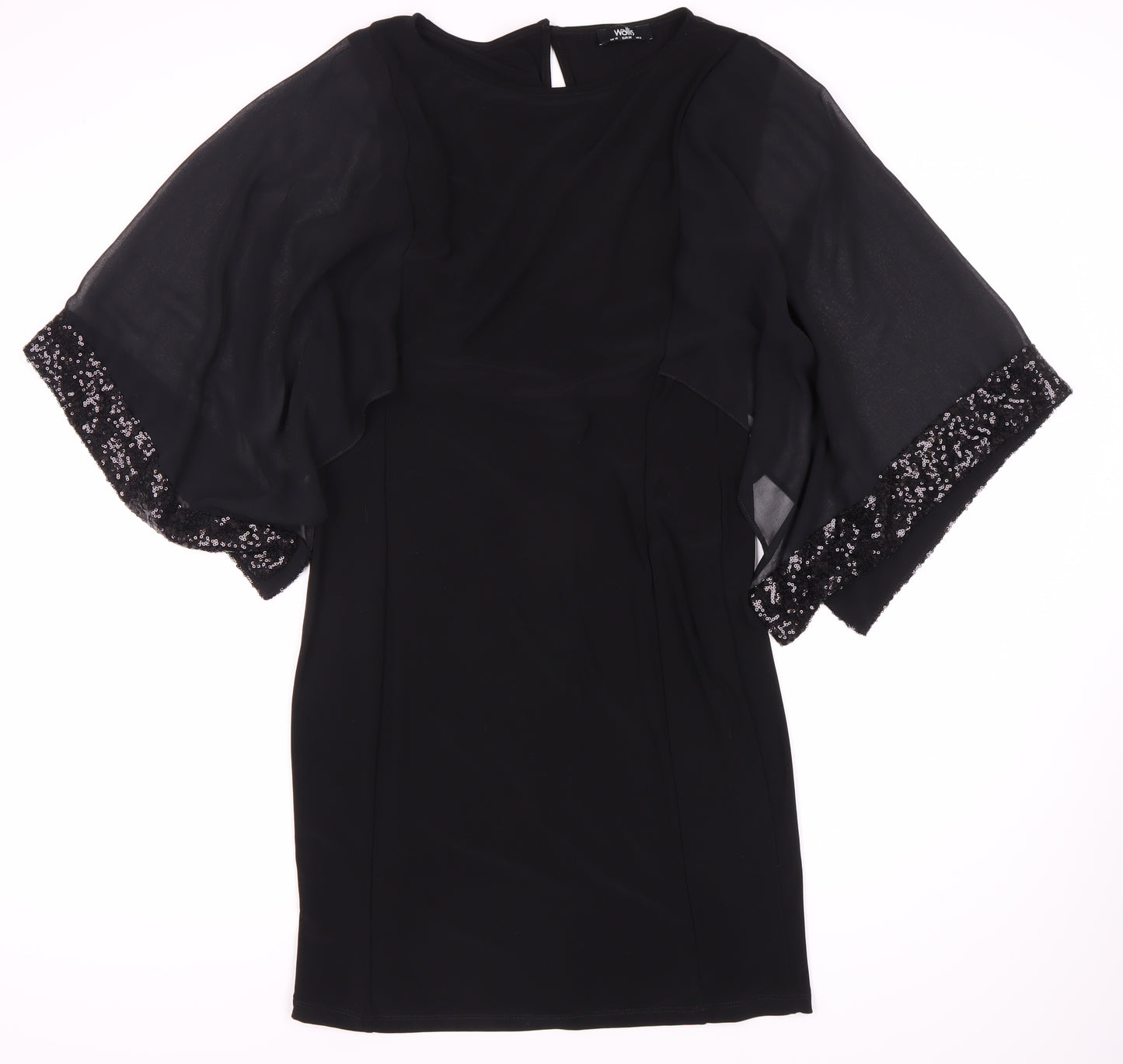 Wallis Black Sequin Flutter Sleeve Dress - Size 10