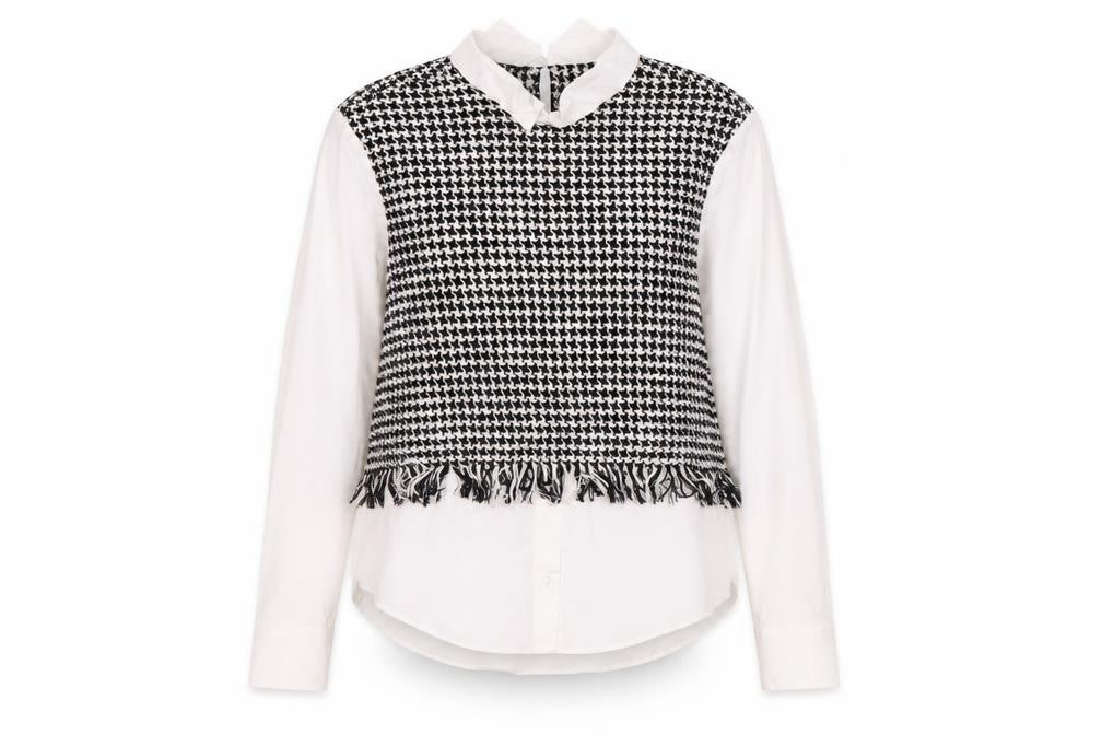 Front view of Zara Women's Black White Houndstooth Blouse, size S