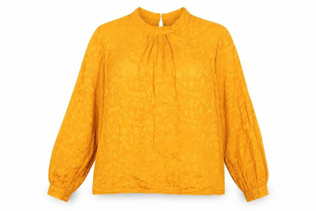 Front view of Topshop Yellow Blouse, size 14, Long Sleeve, Women