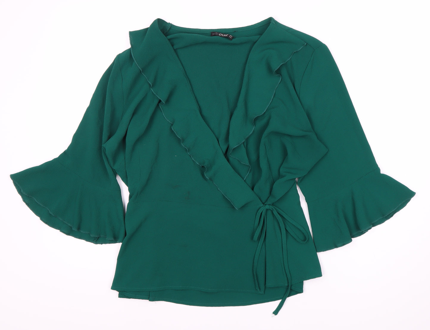 Ouiz Women's Green Wrap Top L with Flared Sleeves