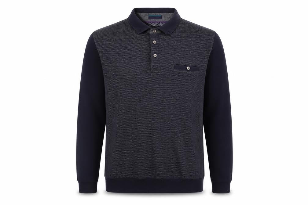Front view of Ted Baker Men's Black Geometric Long Sleeve Polo S