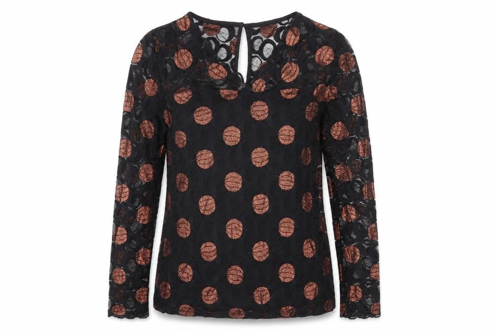 Front view of Tee-Jays Women's Black Polka Dot Blouse, Size Leads