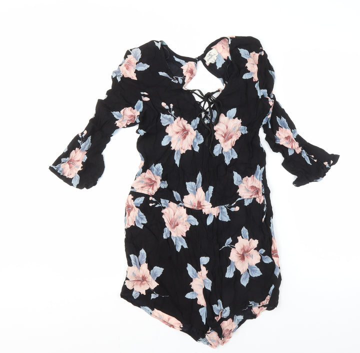 O'Neill Women's Black Floral Playsuit, M, Viscose 3/4 Sleeve