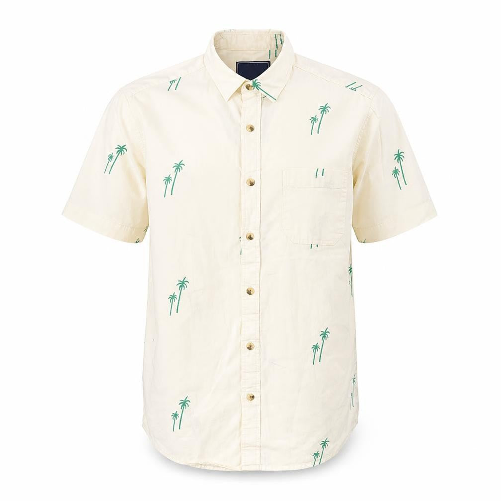 Front view of Topman Men's Beige Classic Fit Palm Tree Print Shirt, S
