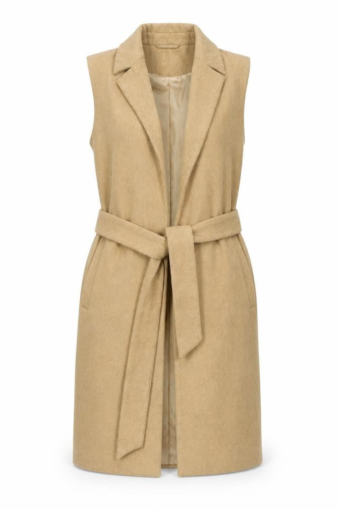 Front view of New Look Beige Women's Waistcoat, size 14, Belted