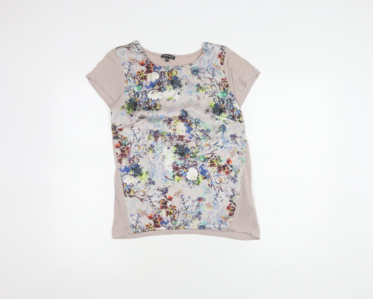 Warehouse Women's Beige Floral Top, Size 6, Short Sleeve