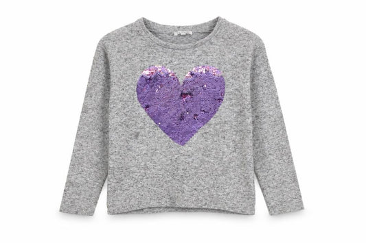 Front view of Bluezoo girls’ grey jumper 8-9 sequin heart accent