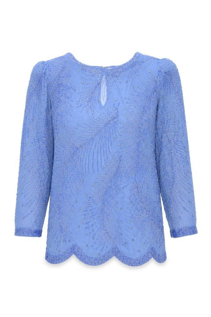 Front view of Continental Couture Ltd Women's Blue Beaded Long Sleeve Blouse