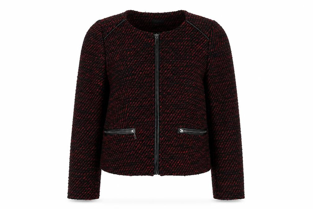 Front view of Marks & Spencer Women Black Red Bouclé Blazer, size 12