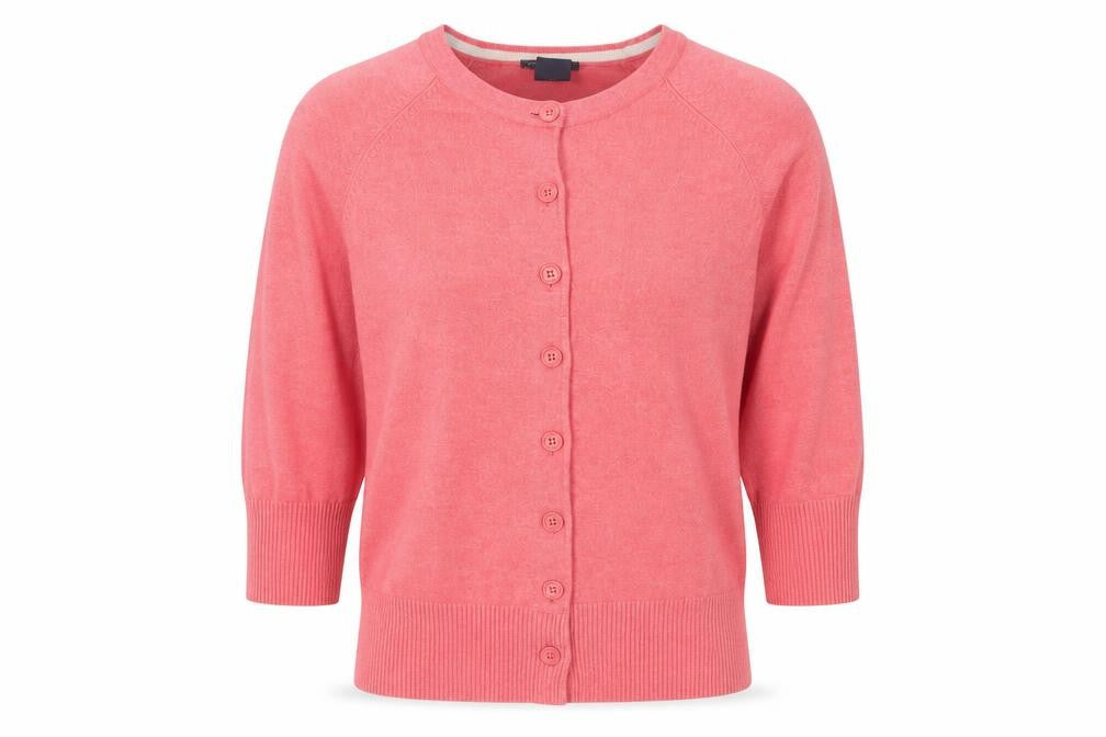 Front view of Gap women’s pink cardigan m round neck 3/4 sleeve