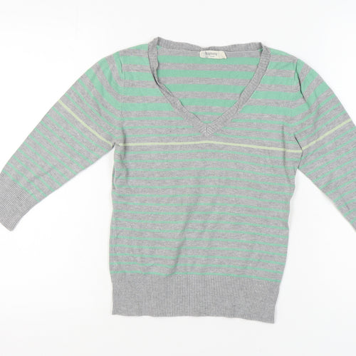 b.young Women's Striped Grey Green V-Neck Jumper Size M