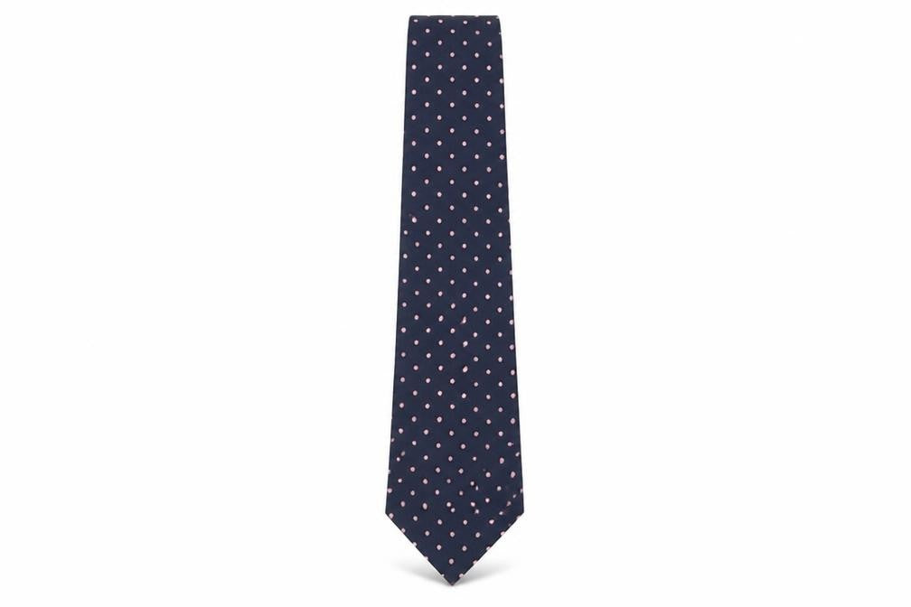 Front view of F T Lewin & Sons men’s blue silk polka dot tie